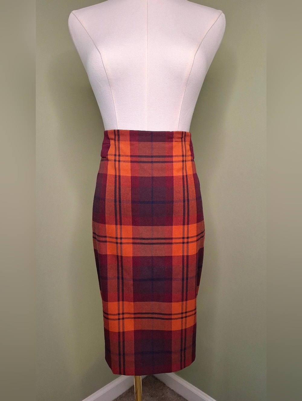 The Limited Plaid Pencil Skirt 6T Tall Burgundy Orange High Waist Fall